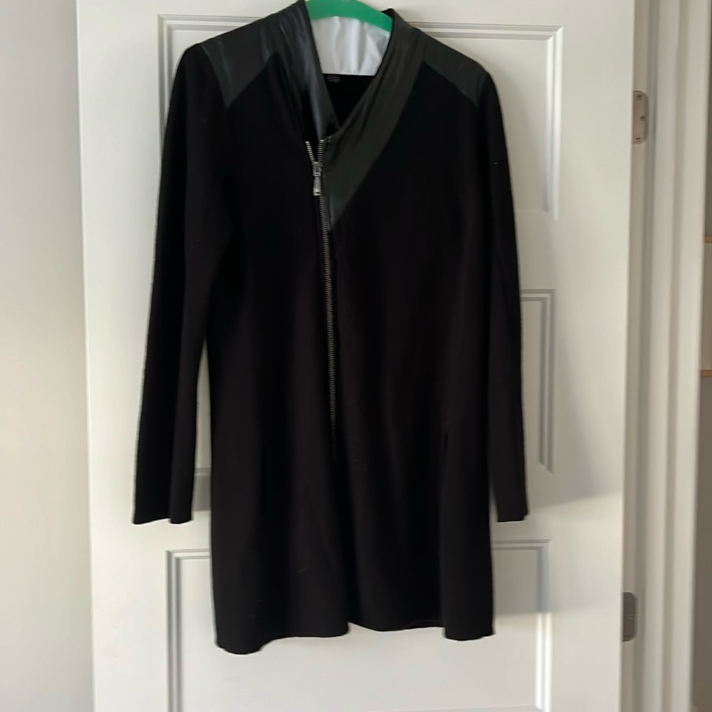 Great Alfani  tunic length black boiled wool jacket with leather accents, size M